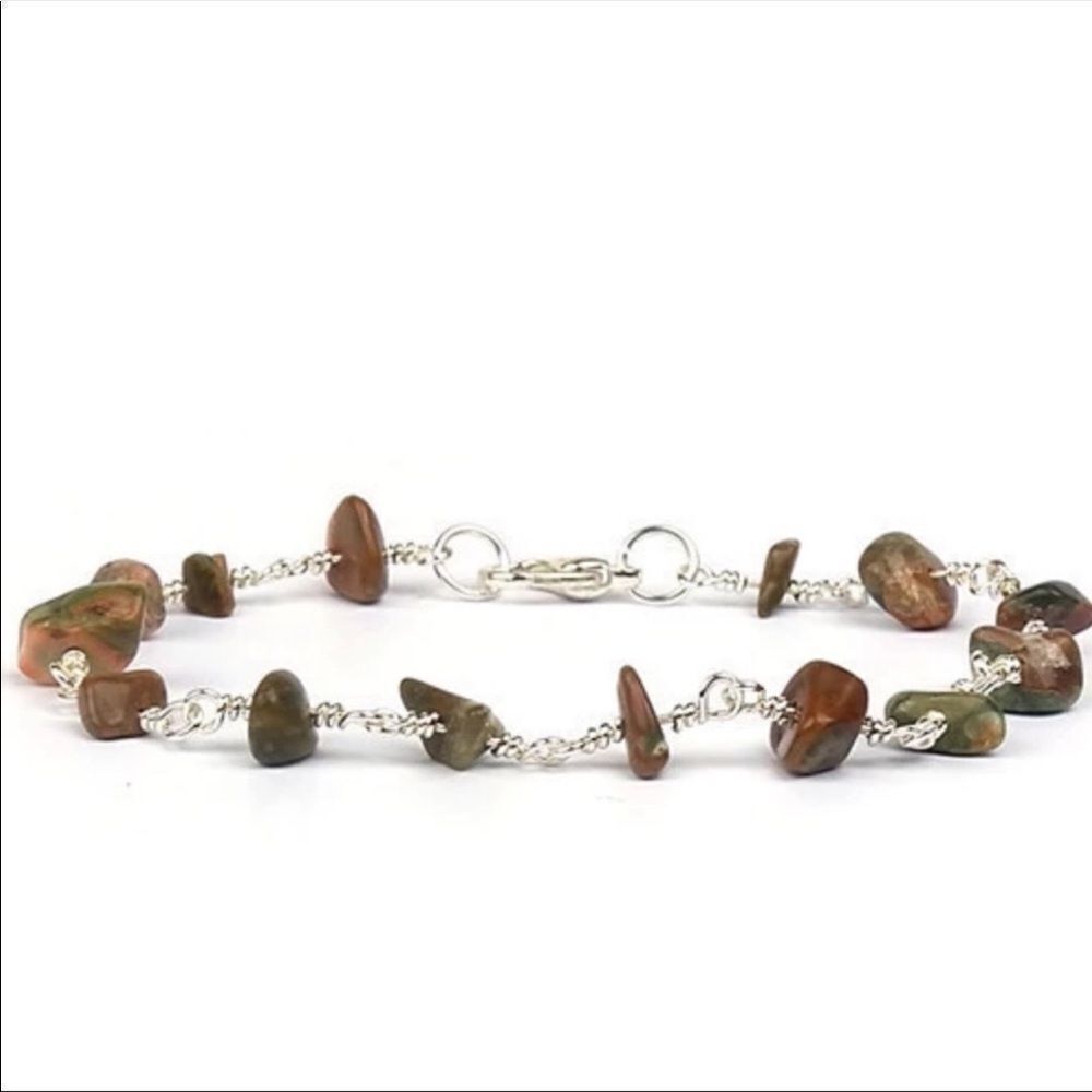 Sterling Silver Natural Jade Stone Wire Wrap Dainty Bangle Bracelet NEW - Picture 3 of 4